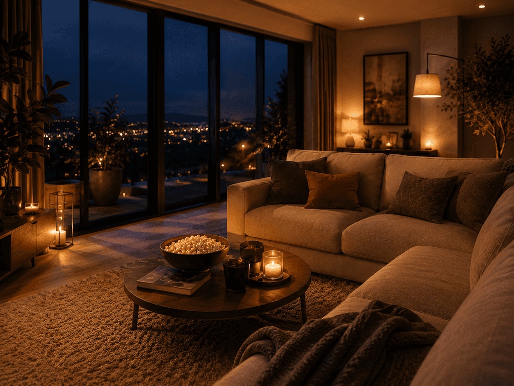 Warm evening lighting in a relaxed living room overlooking the city at dusk