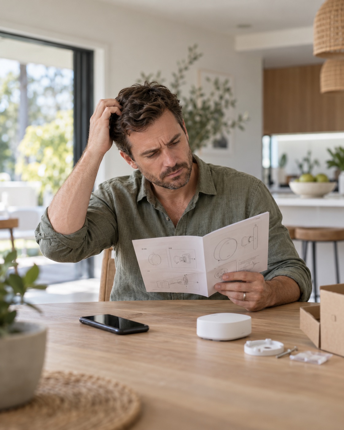 A homeowner scratching his head while trying to understand a smart-device manual.