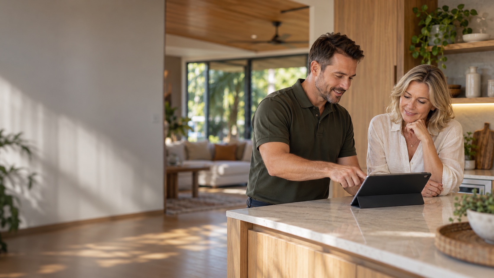 A smart-home specialist helping a homeowner with her home controls.